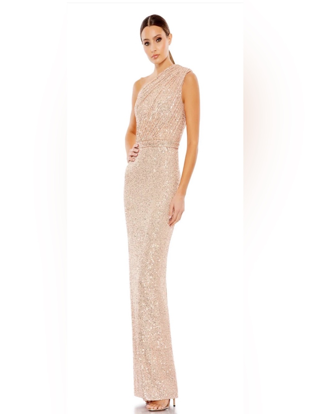 Mac Duggal Rose Gold Sequin One-Shoulder Gown